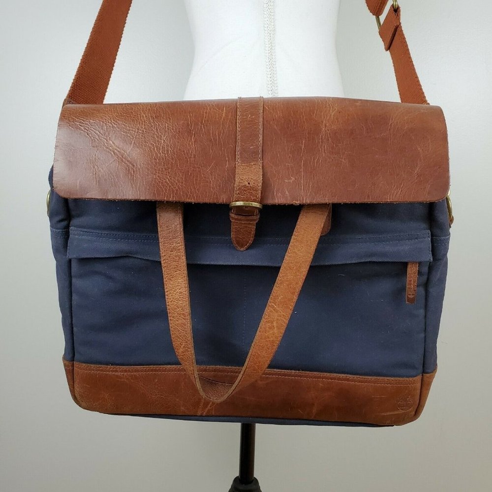 Timberland Navy Leather Trim Briefcase Messenger Bag